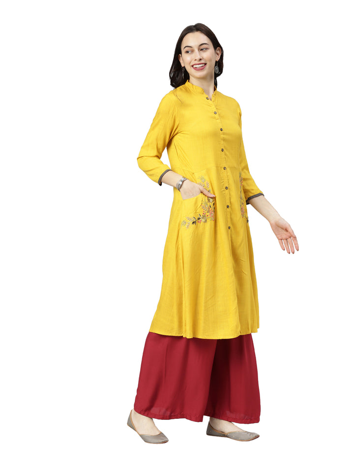 Neerus Yellow cotton solid kurti - side view