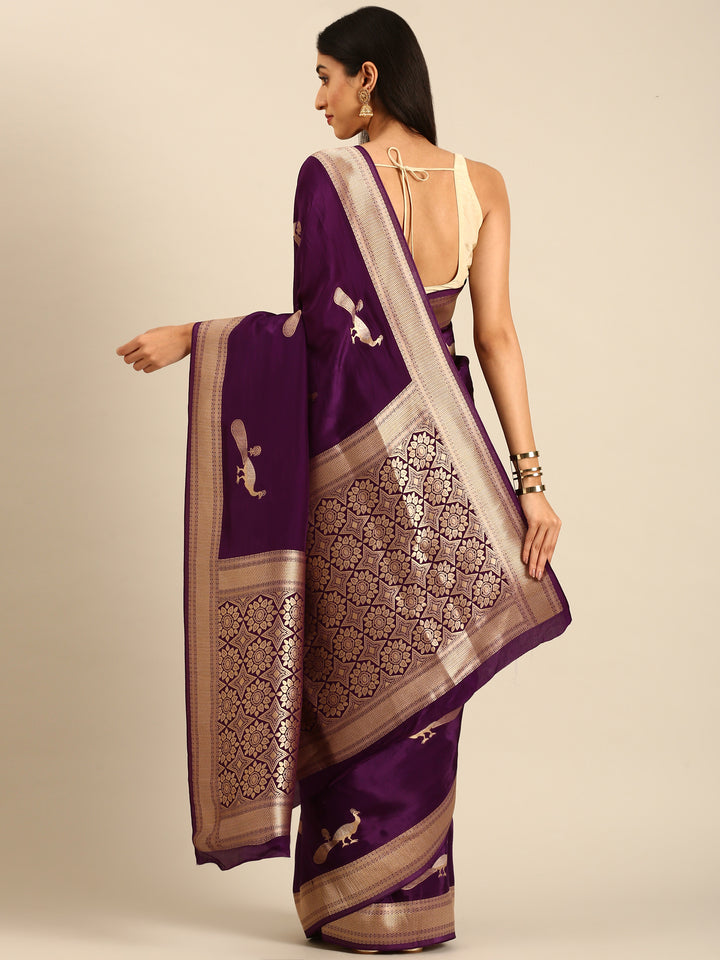 Wine Banaras Weave Saree With Peacock Motifs And Rich Zari Border