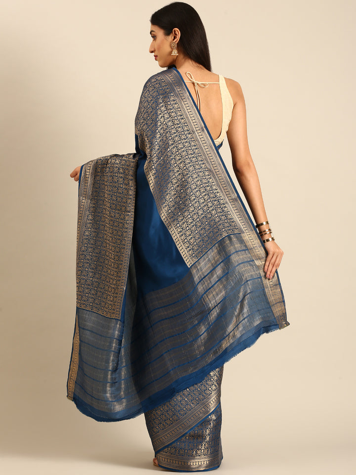 Navy Blue Mysore Crepe Saree With Zari Jaal Border
