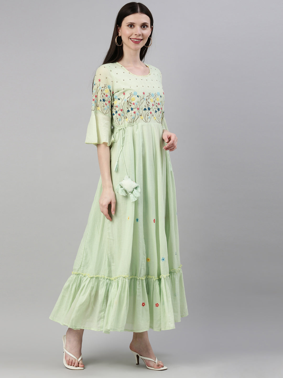 Neerus Green thread embroidered anarkali kurta - side view