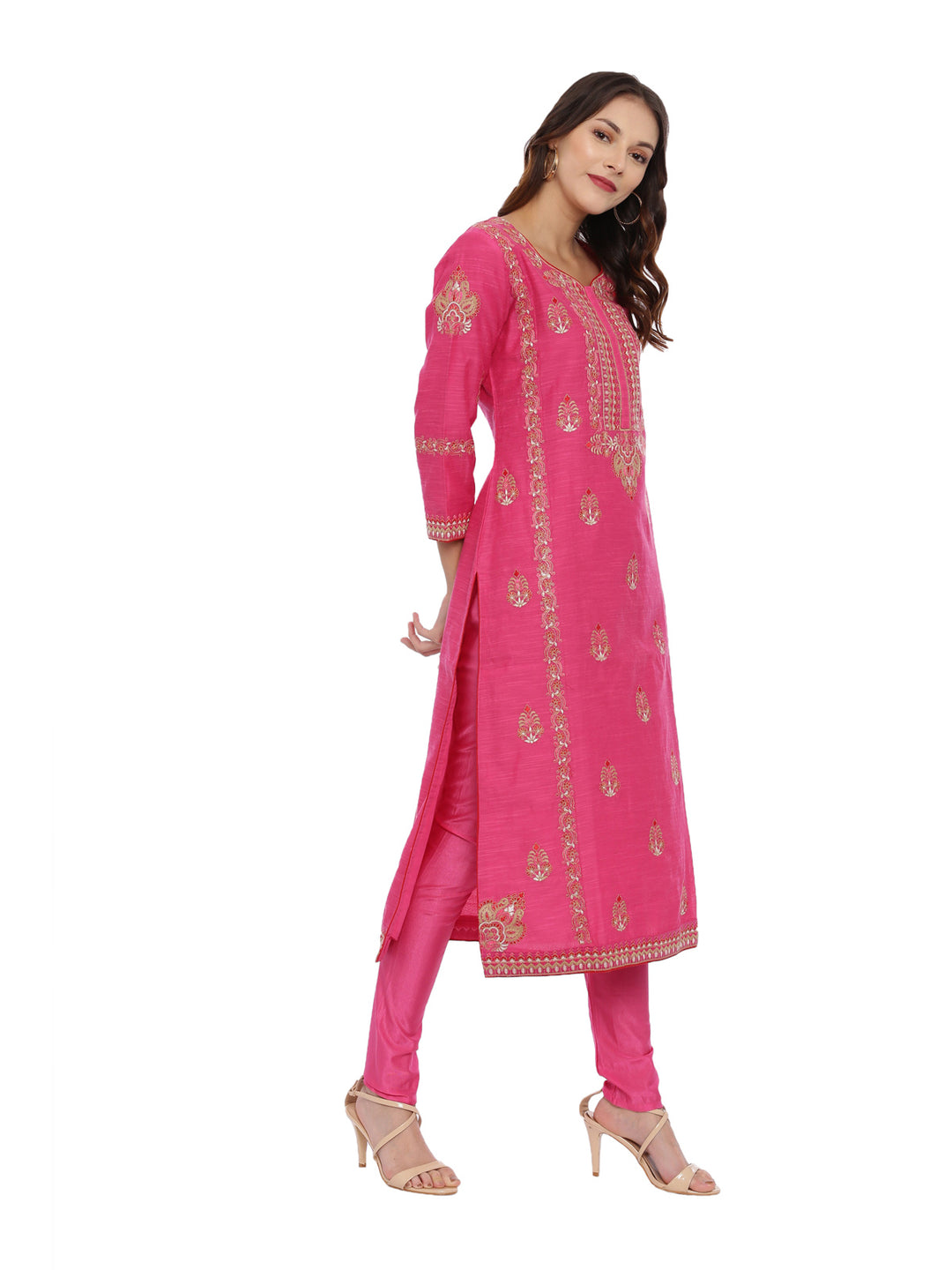Neerus Pink embroidered suit set with churidar and dupatta - back view