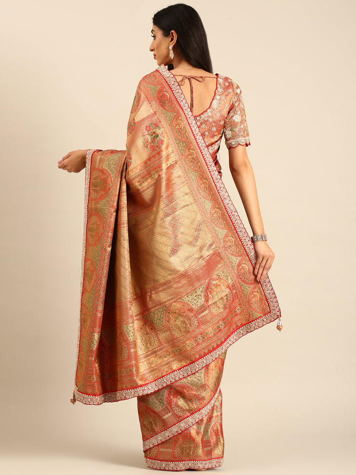 Red & gold banarasi silk saree with zardozi & sequins hand work with Ready made blouse