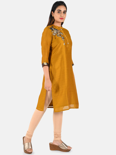 Neerus Women Mustard Yellow Solid A-Line Kurta with Applique Detail