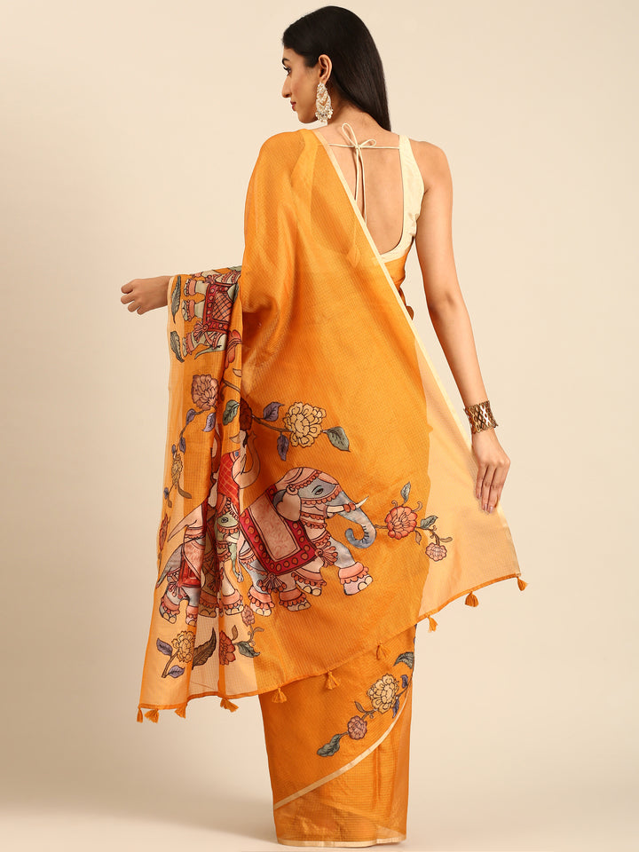 Mustard Kota Saree With Kalamkari Appliqué Work On Pallu