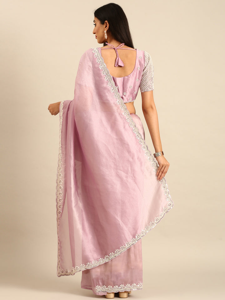 Lavender Jimmy Tissue Saree With Pearls & Beads Embroidery With Heavy Readymade Blouse