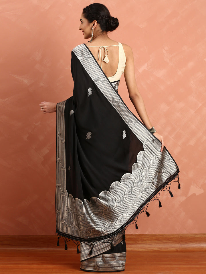 Black banaras silk saree with silver zari motifs & border