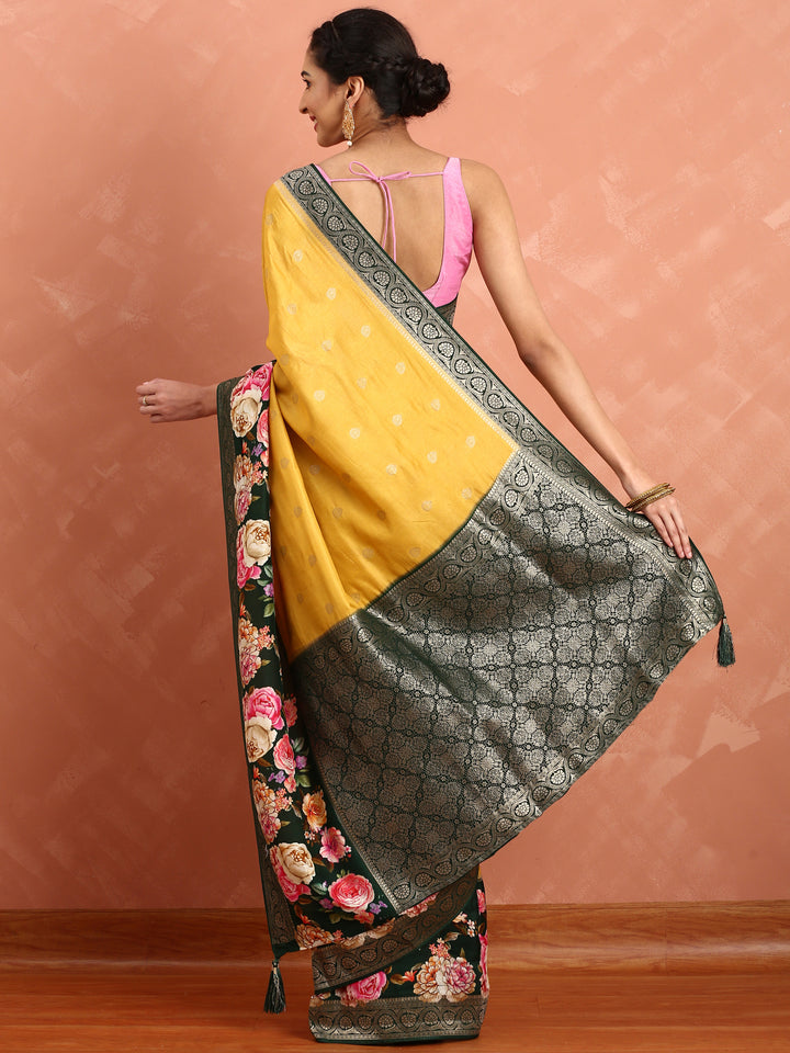 Yellow banarsi saree with floral print & zari border