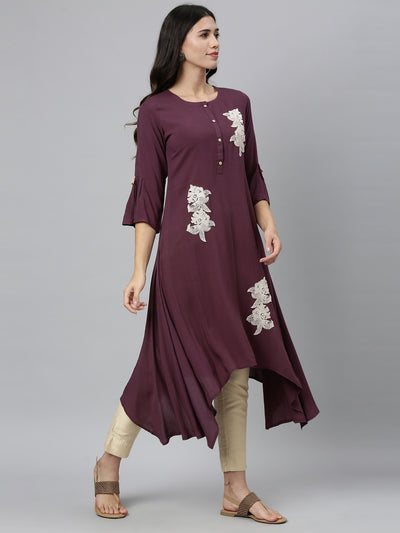 Neerus Women Purple Embroidered Bell Sleeves Thread Work Kurta
