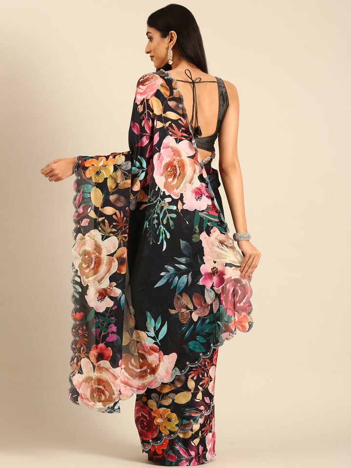 Black Satin Floral Printed Saree With Swarovski Embroidery