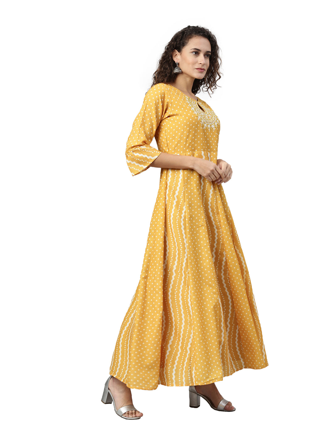 Neerus Yellow striped anarkali kurta - side view