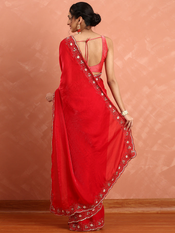 Red jimmy saree with stones and Swarovski hand embroidery