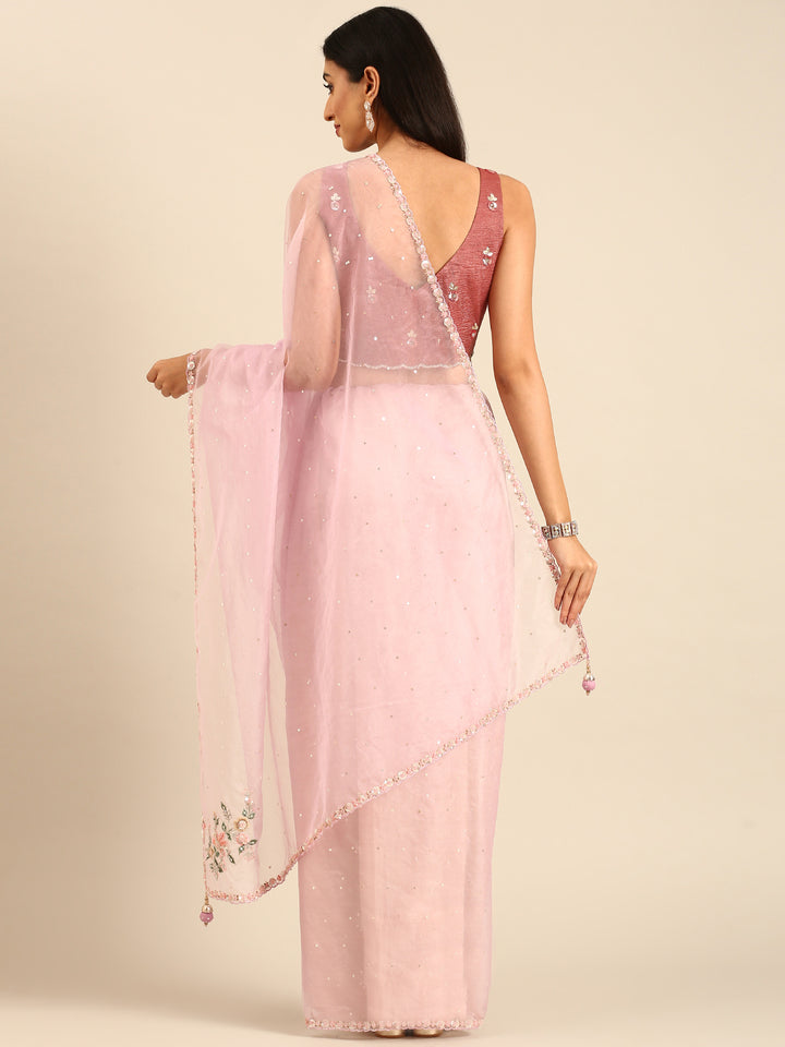 Purple Organza Saree With Hand Embroidery & Readymade Heavy Blouse Hand Embroidered