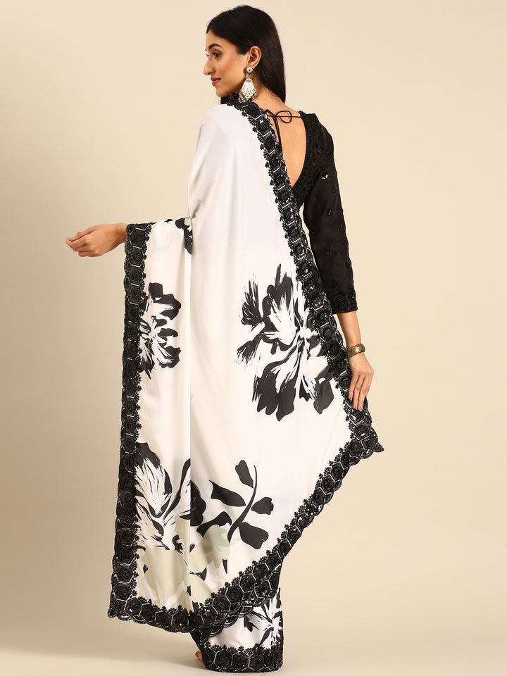 Black & White Satin Printed Saree With Hand Embroidery & Readymade Blouse