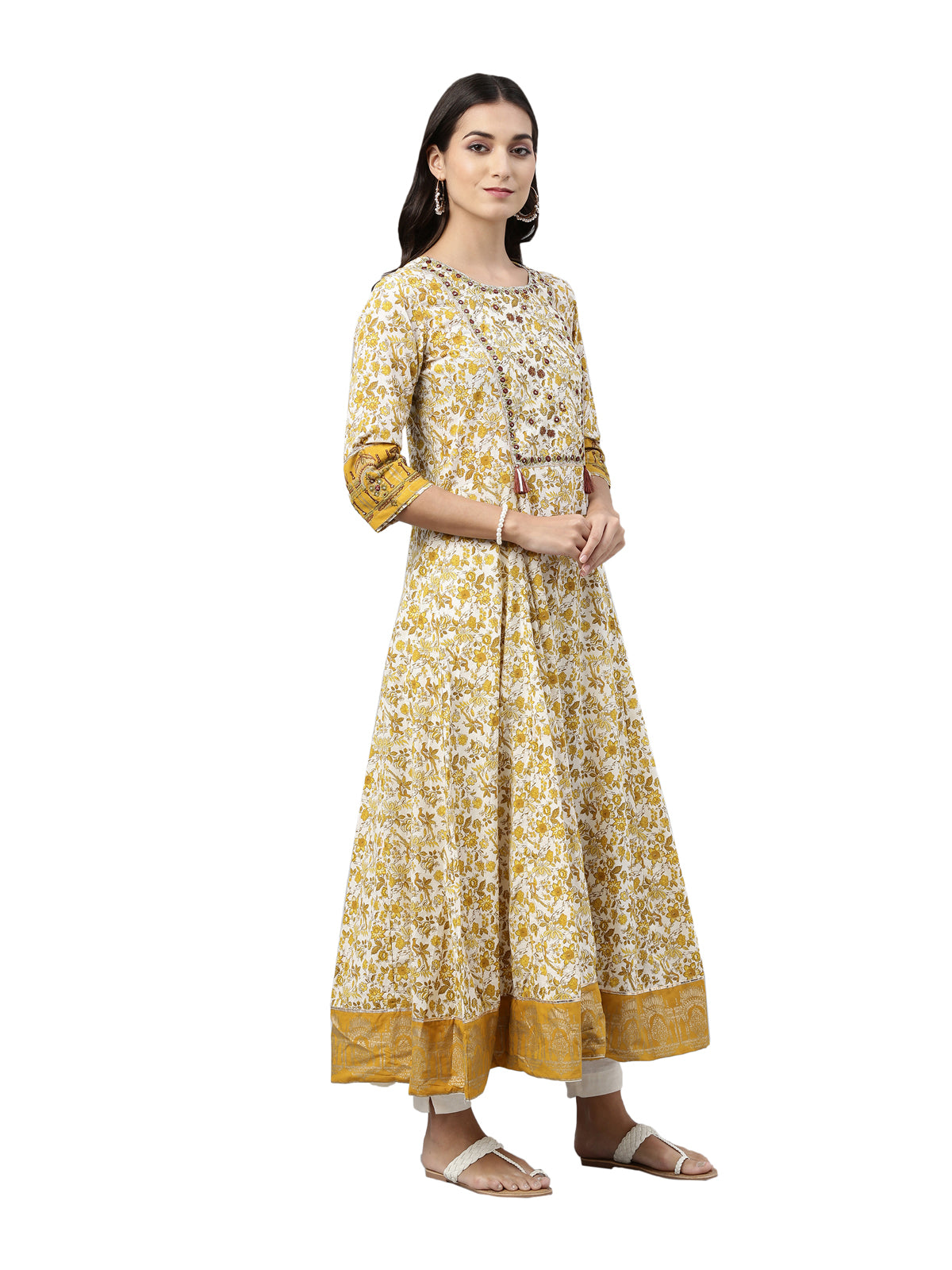 Neerus Women Mustard Yellow  White Ethnic Motifs Printed Anarkali Kurta