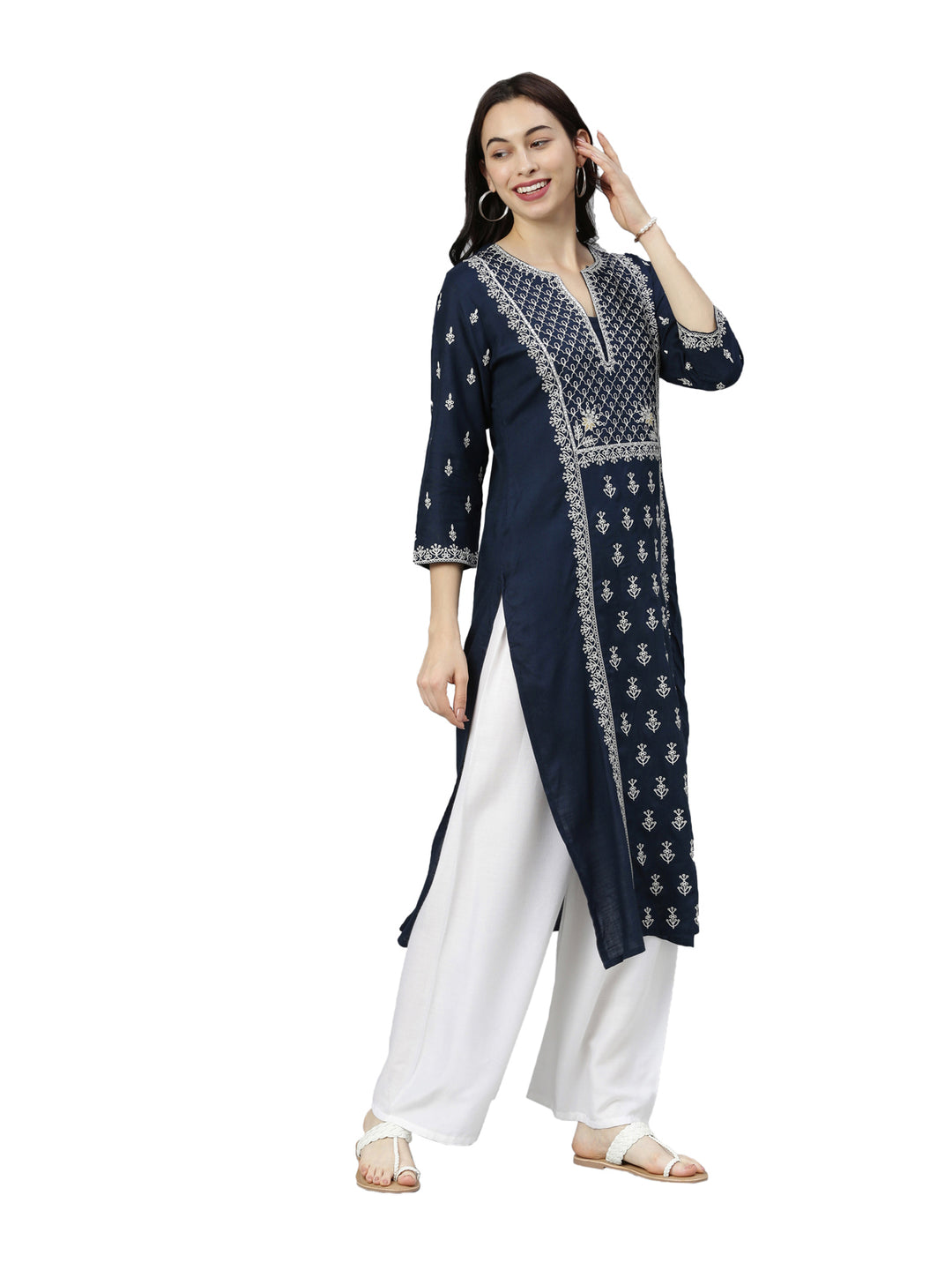 Neerus Women Navy Blue White Floral Embroidered Thread Work Kurta
