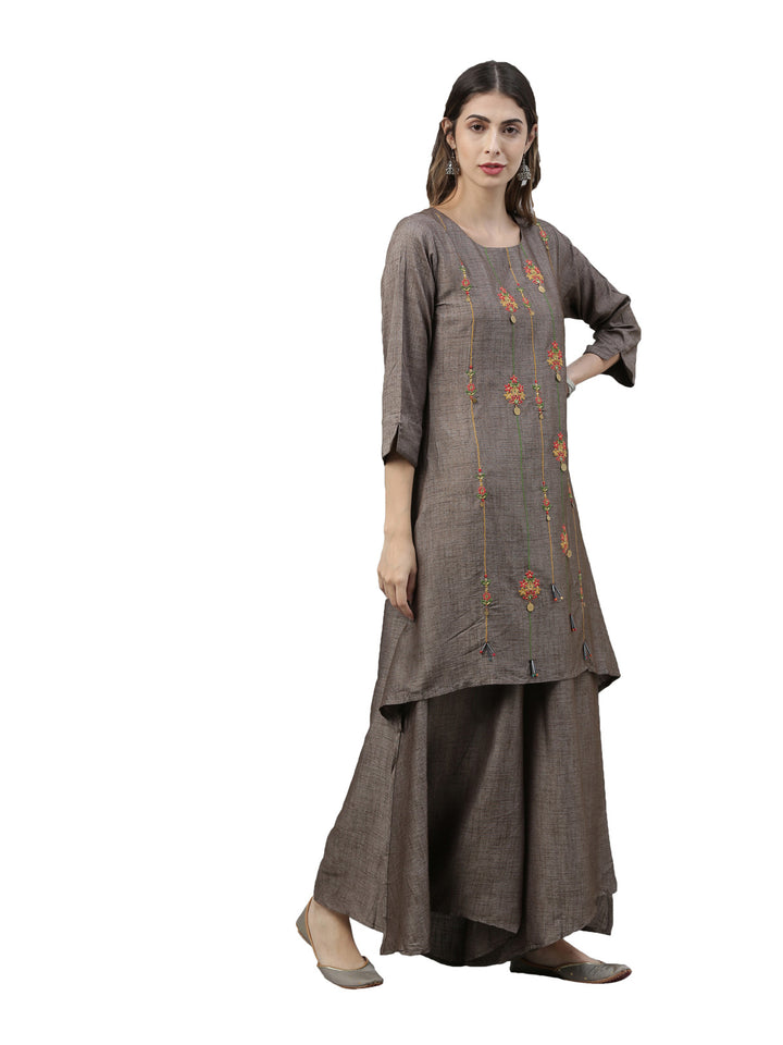 Neerus Grey embroidered suit set kurta palazzo dupatta - back view