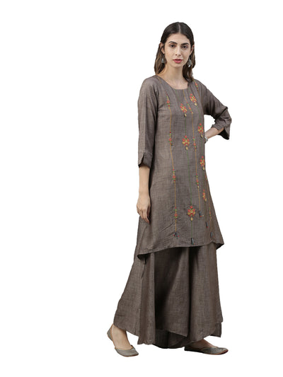 Neerus Women Grey Embroidered Kurta with Palazzos and Dupatta