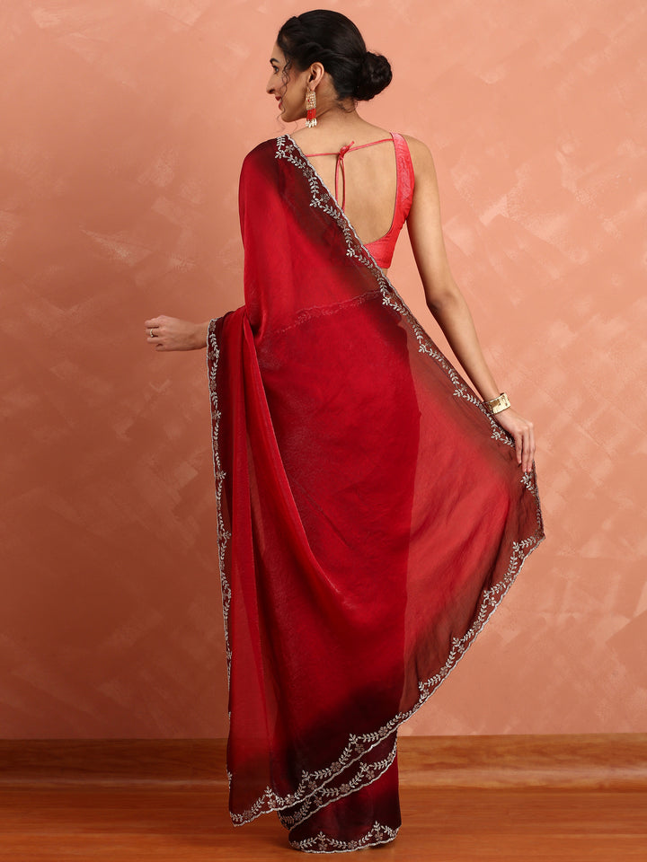 Red Jimmy Tissue Saree With Hand Embroidery