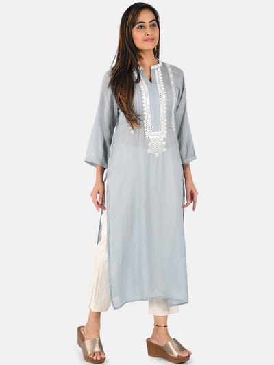 Neerus Women Grey  White Embroidered Yoke Design Straight Kurta With Mirror Work
