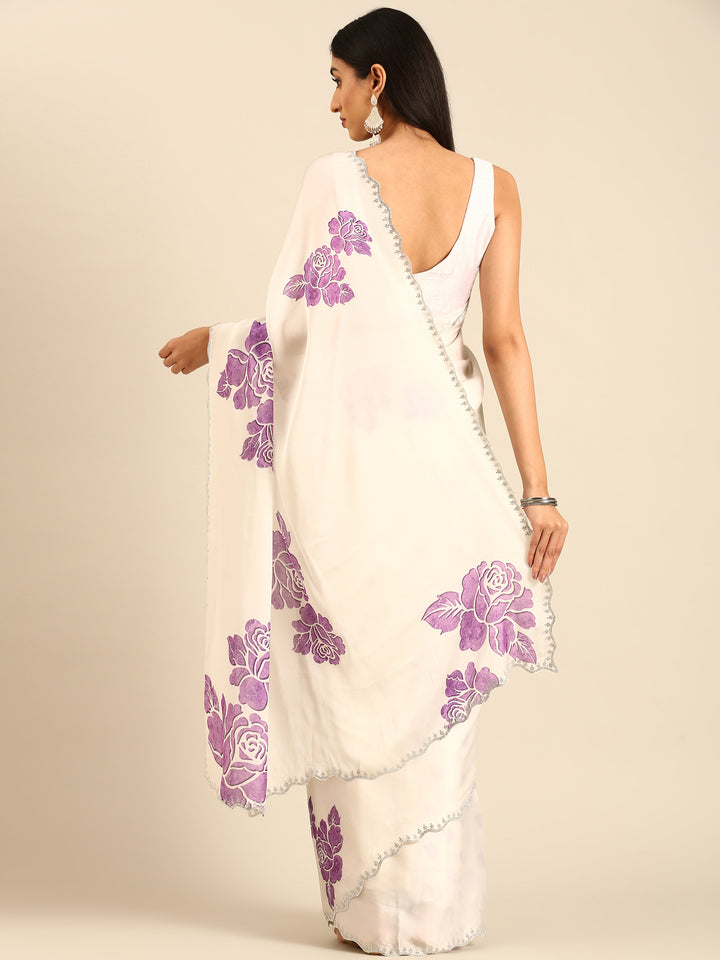 Off white printed satin saree with lavender motifs & Swarovski embroidery