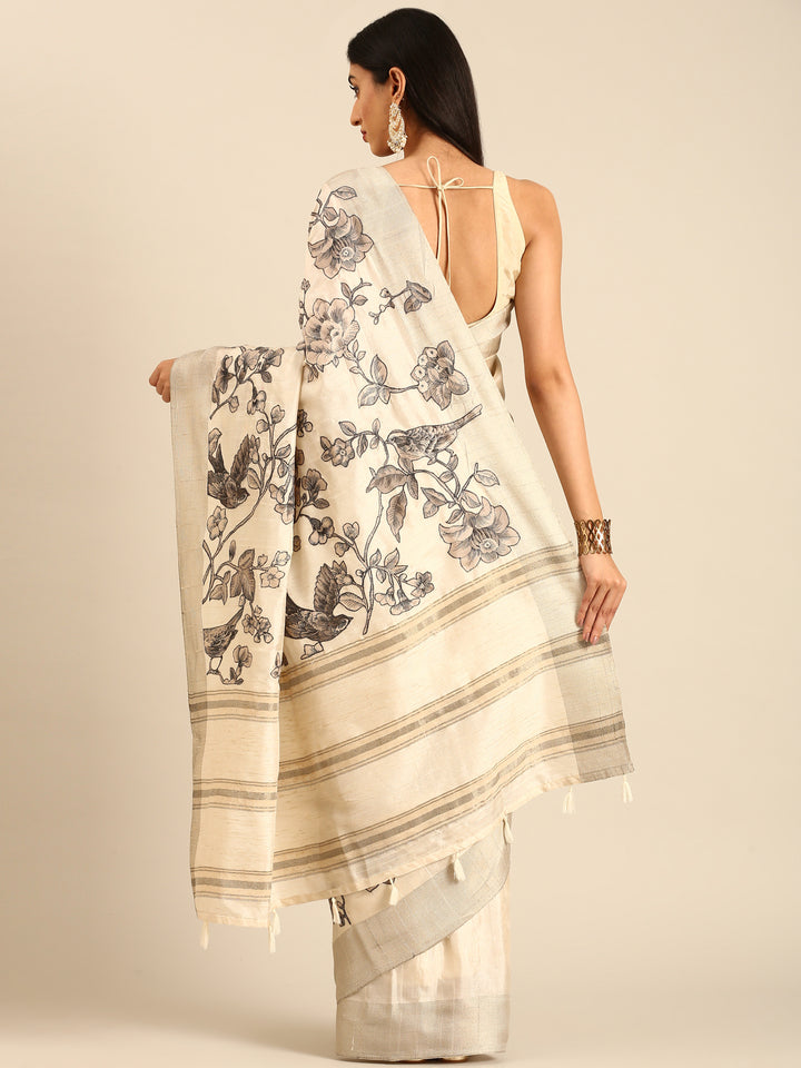 Cream Natural Dupion Saree With Floral Print