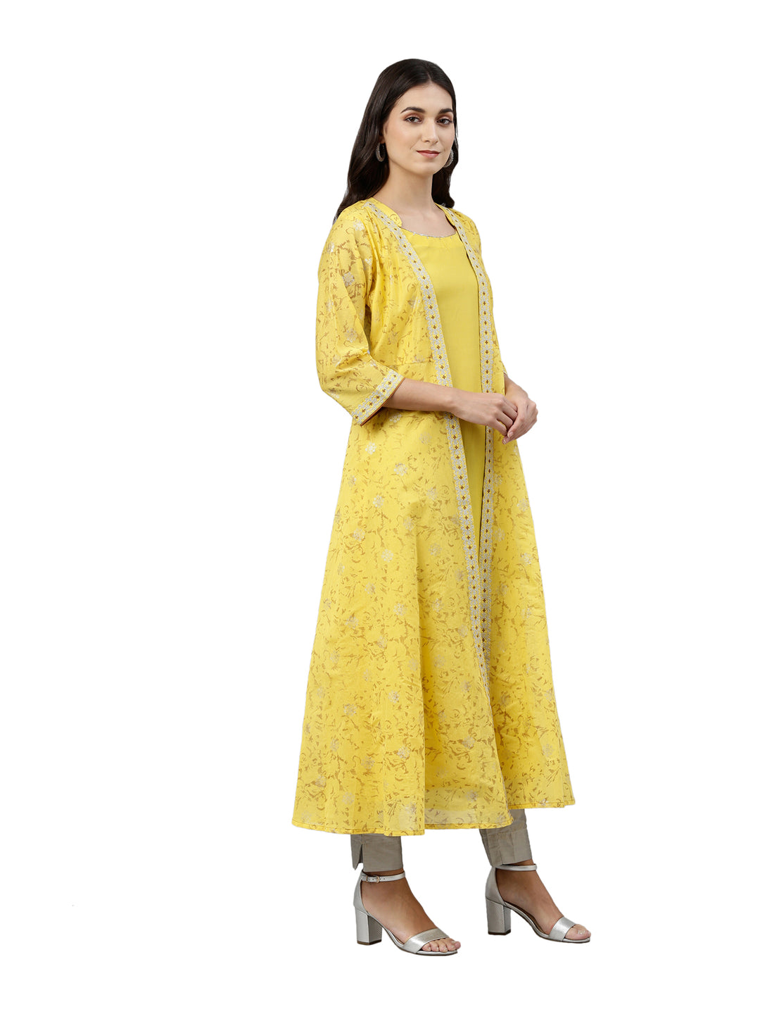 Neerus Yellow thread embroidered Anarkali kurta - side view