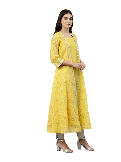 Neerus Women Yellow  Gold-Toned Printed Thread Work Anarkali Kurta