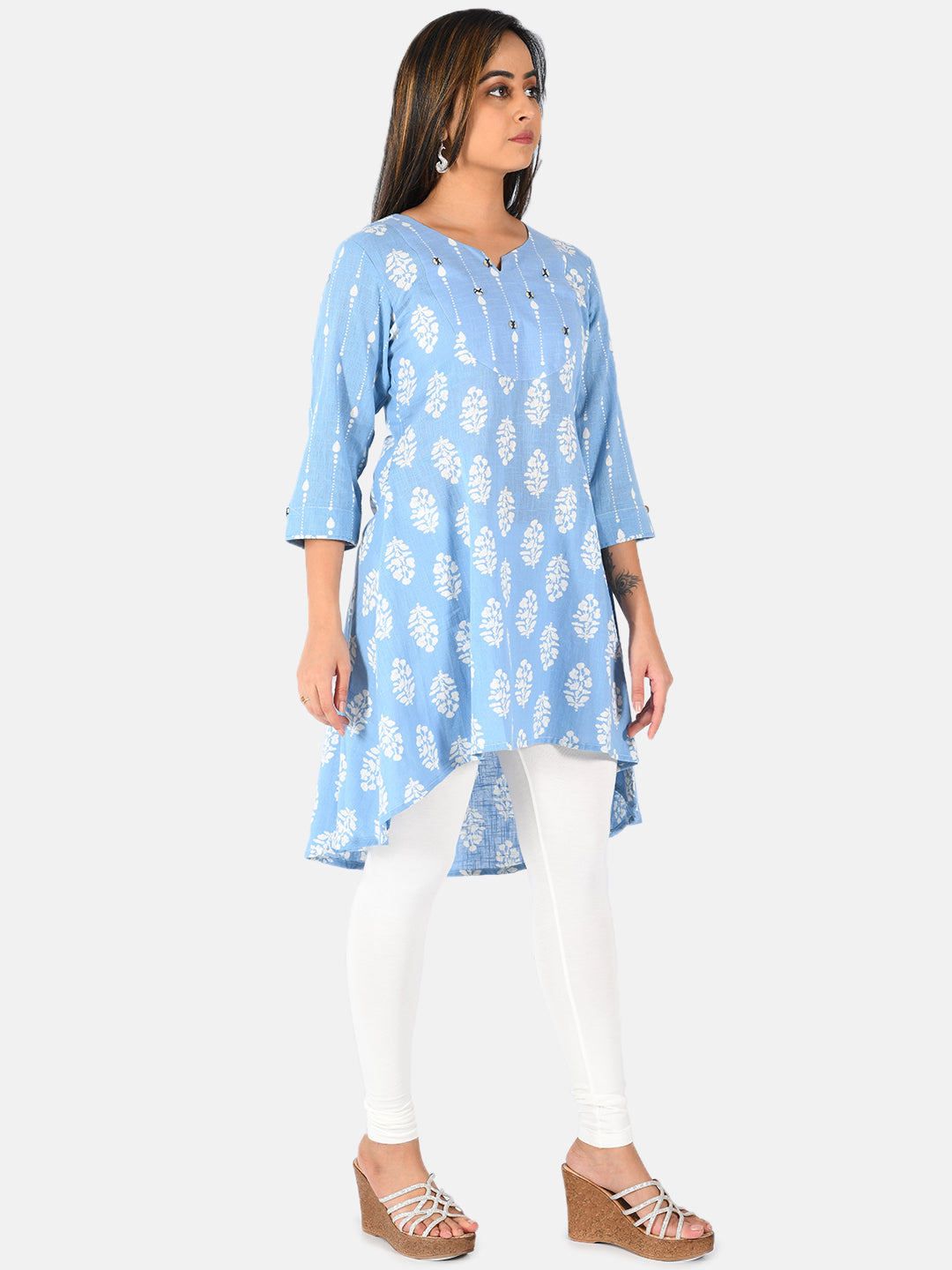 Neerus Blue printed A-Line kurta for women - detail view 2