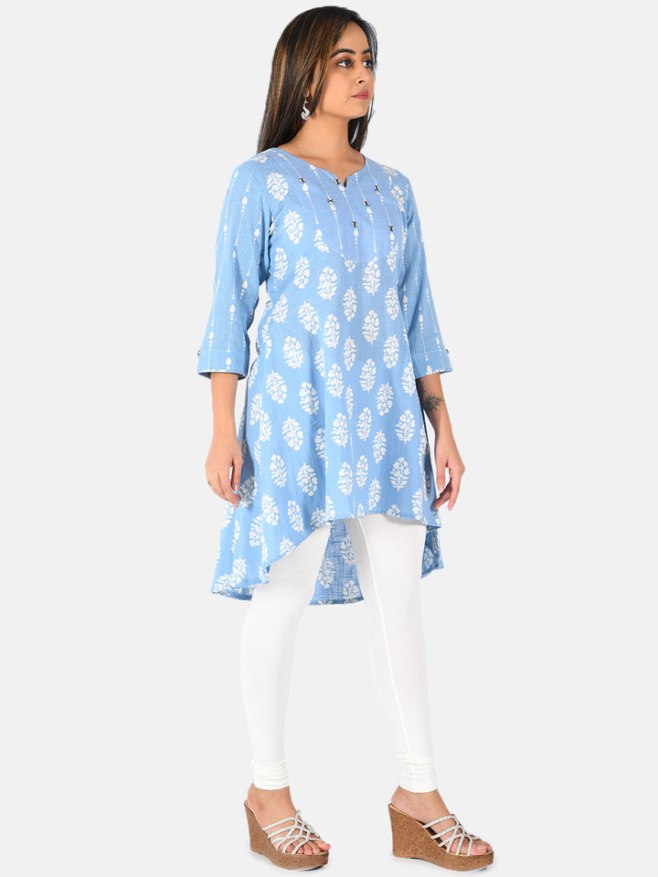Neerus Blue printed A-Line kurta for women - detail view 2
