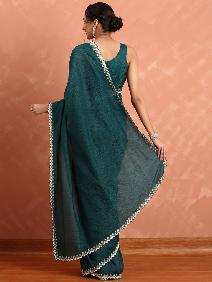 Bottle green Jimmy saree with cut Dana & pearl embroidery with ready made blouse
