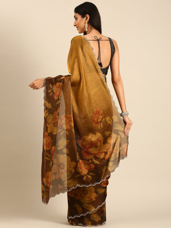 Gold & Rust Floral Printed Jimmy Tissue Saree With Swarovski Embroidery