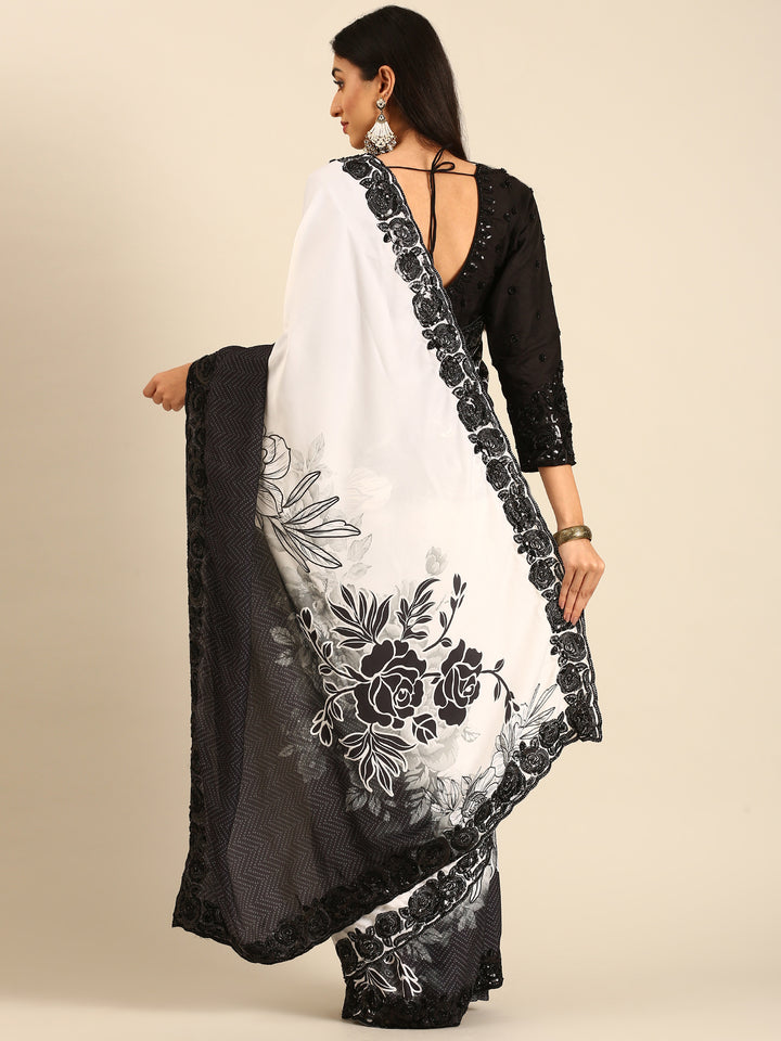 Black & white satin printed saree with hand embroidery & ready made blouse
