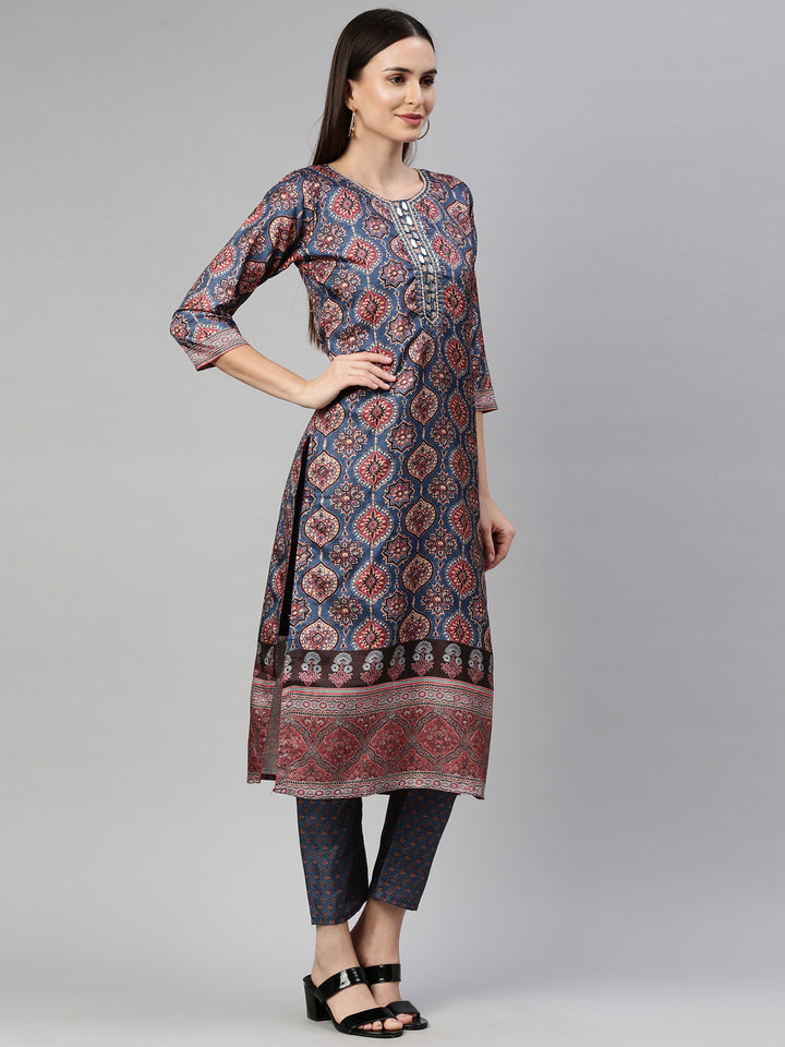 Neerus Women Blue Ethnic Motifs Printed Dupion Silk Kurta with Trousers