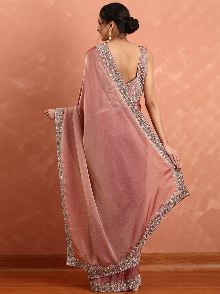 Onion pink tissue saree with Swarovski & cut Dana embroidery & ready made blouse