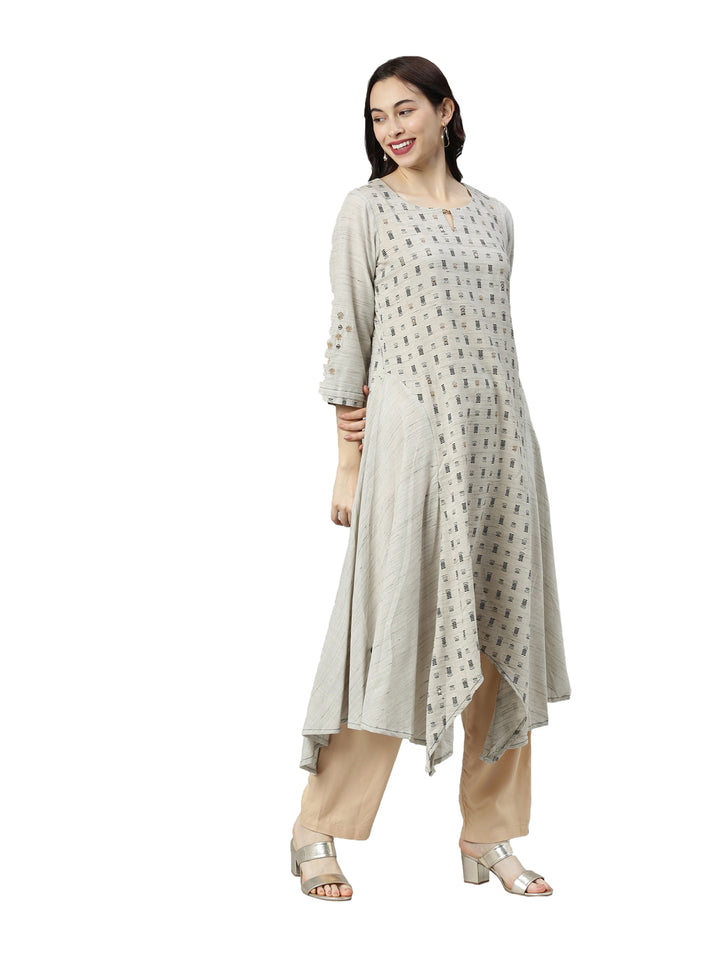 Neerus Women Grey Ethnic Motifs Printed Keyhole Neck Kurta