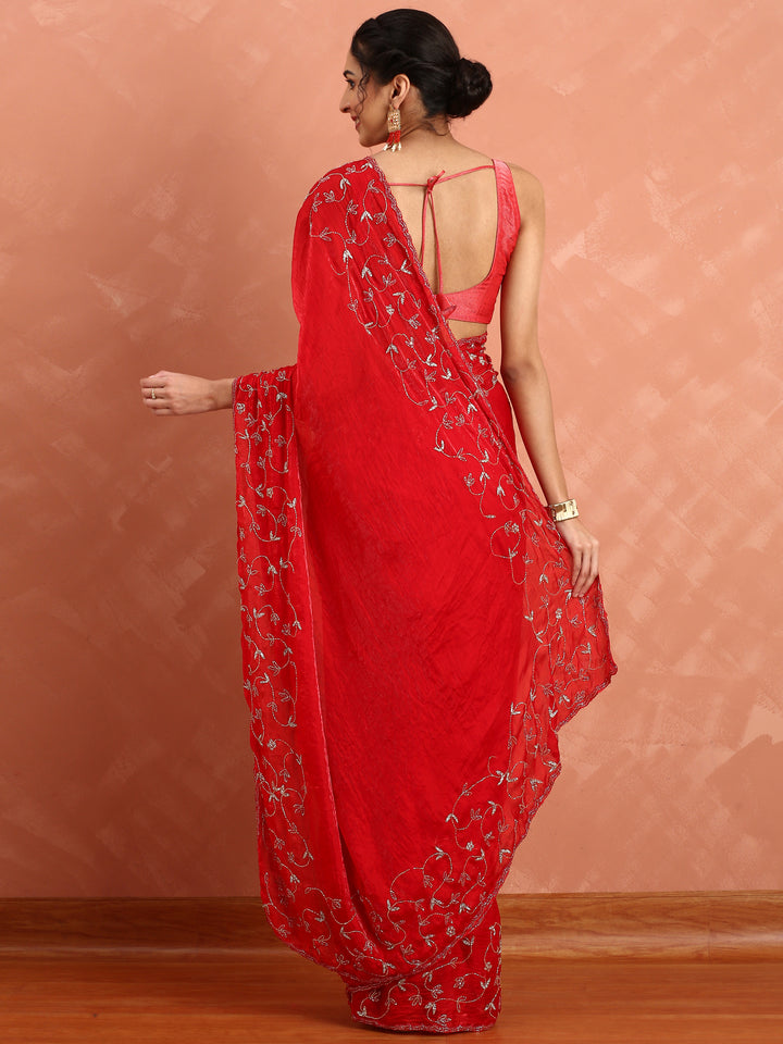 Red pink Jimmy saree with cut dana & Swarovski hand embroidery