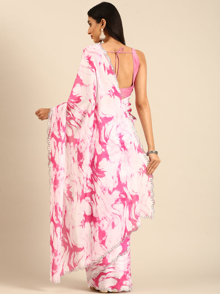 Pink & white printed satin saree with Swarovski embroidery