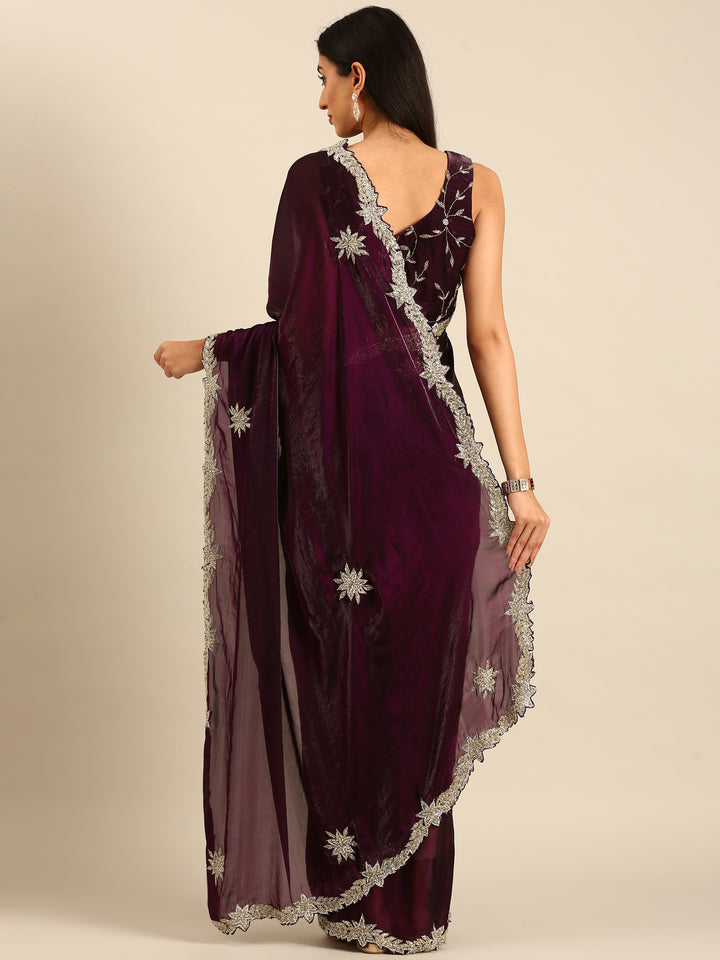Wine shimmer tissue saree with cut Dana & Swarovski embroidery