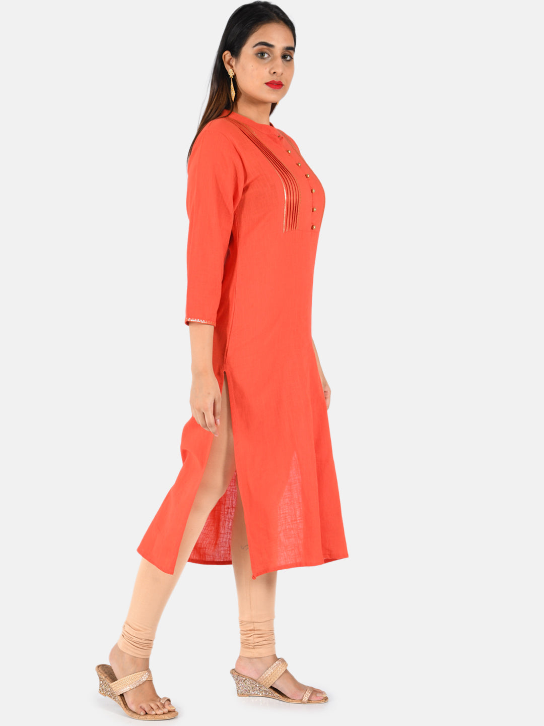 Neerus Women Coral Solid Straight Kurta