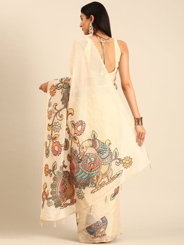 Cream Kota Saree With Kalamkari Appliqué Work On Pallu