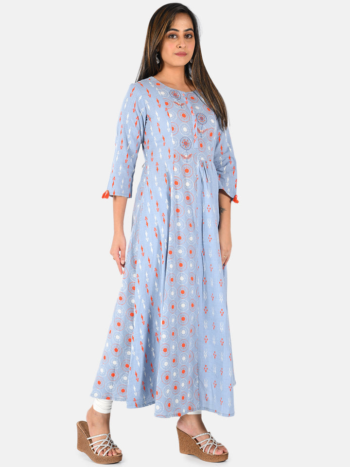 Neerus Blue cotton printed straight kurta - detail view 2