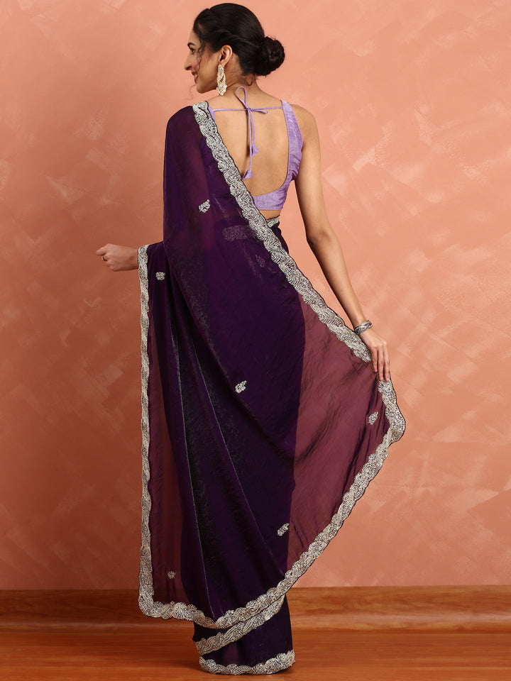 Wine Jimmy Sheer Satin Saree With Hand Embroidery Saree