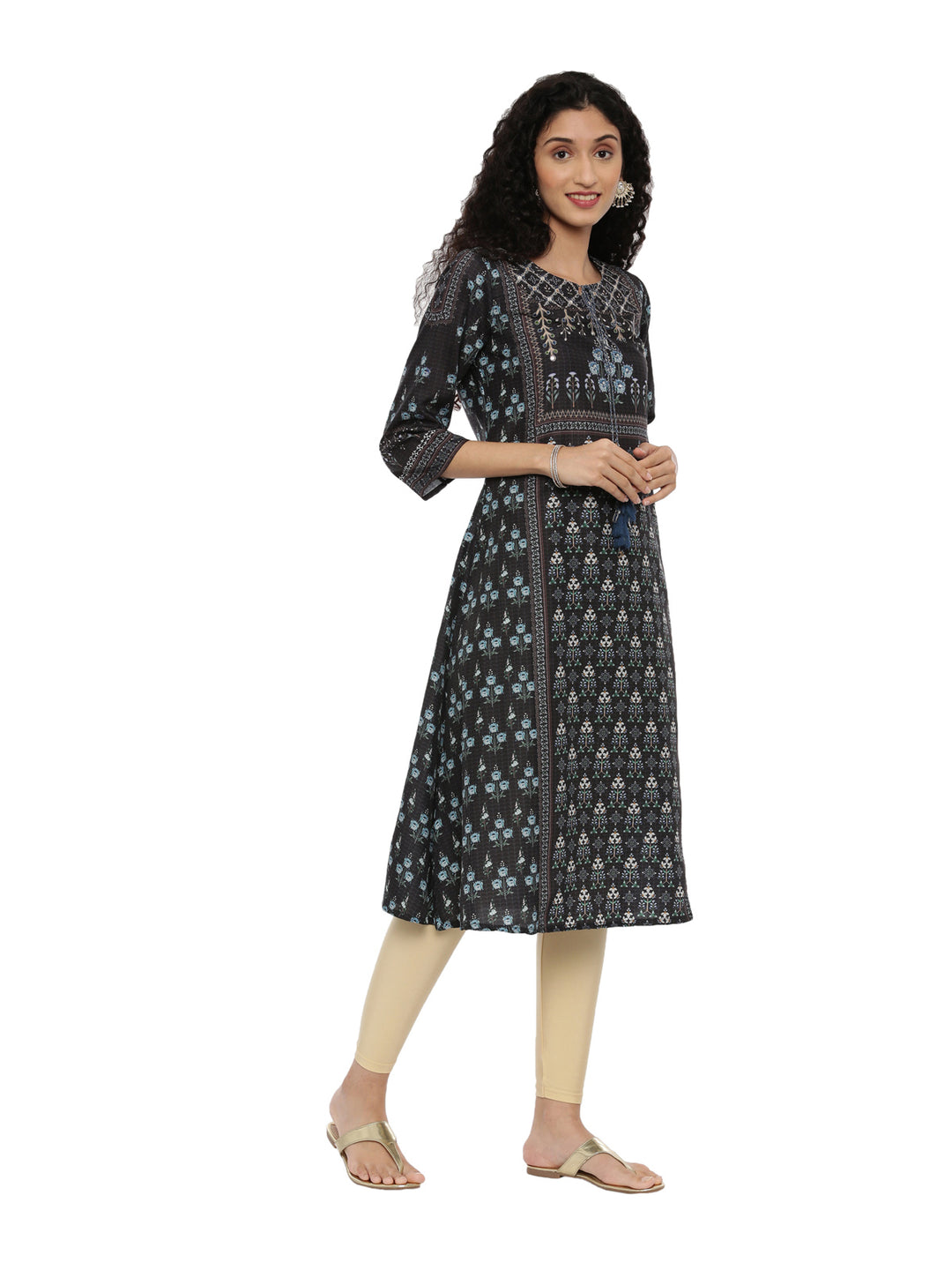 Neerus Black printed A-line kurti - back view