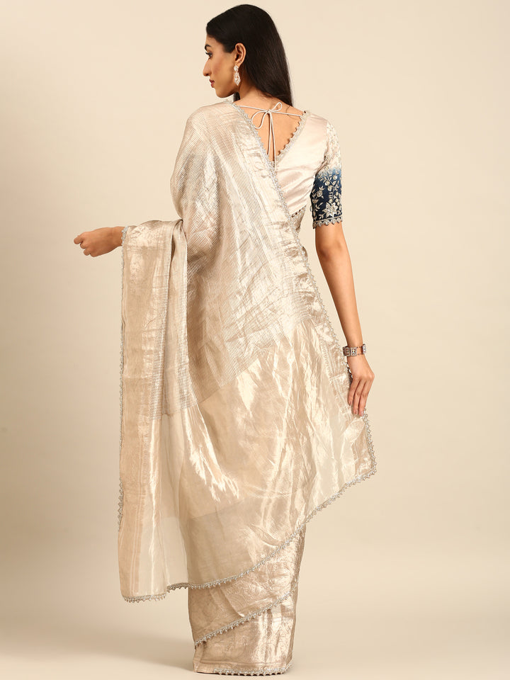 Silver Tissue Zari Saree With Hand Embroidery And Heavy Ready Made Blouse