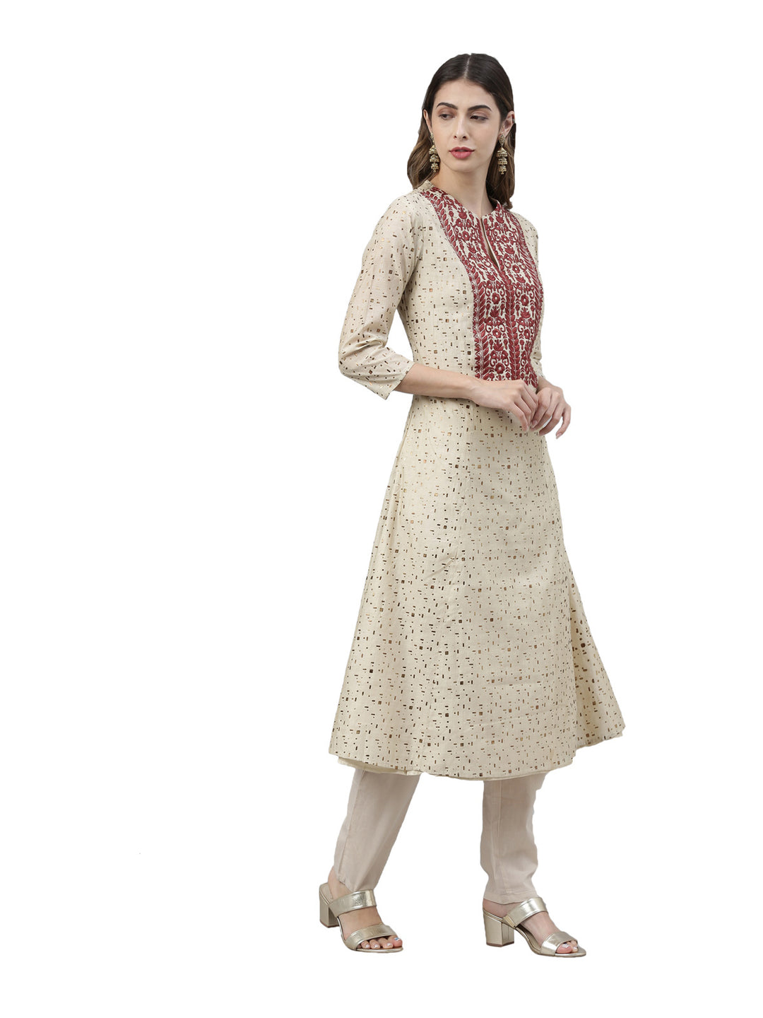 Neerus Women Beige  Maroon Printed Kurta with Trousers  Dupatta