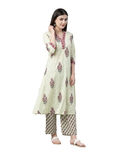 Neerus Women Green  Maroon Printed Kurta with Trousers