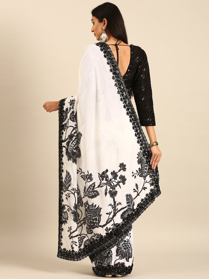 Black & white satin printed saree with hand embroidery & ready made blouse