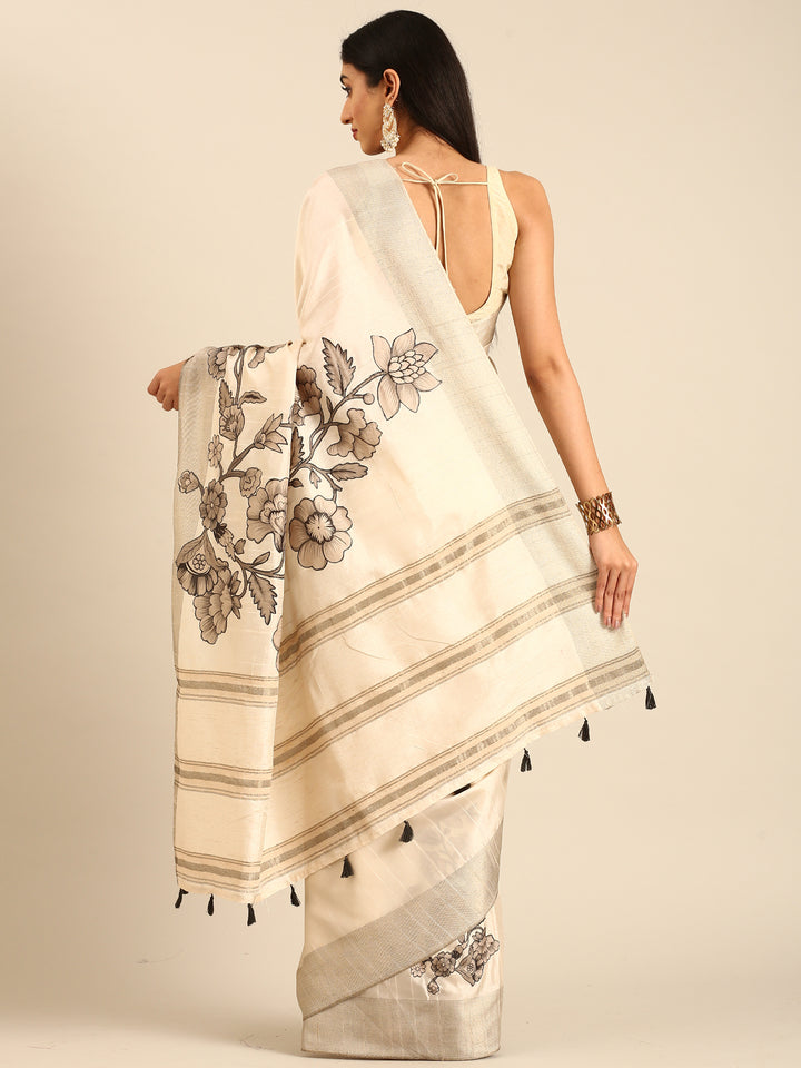 Cream Natural Dupion Saree With Floral Print