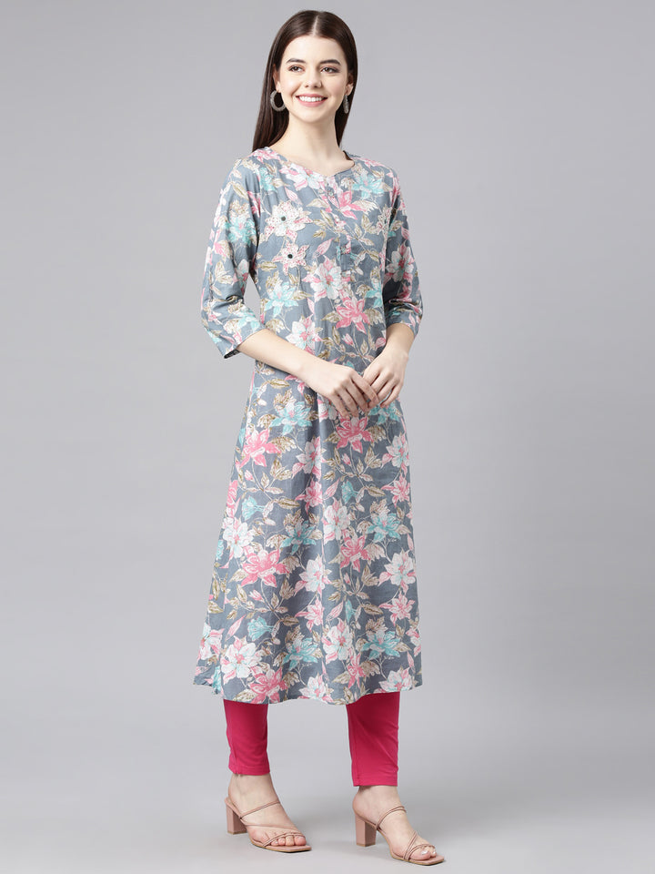 Neerus Grey printed floral straight kurta - side view