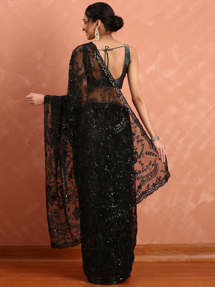 Black net saree with sequin heavy hand embroidery